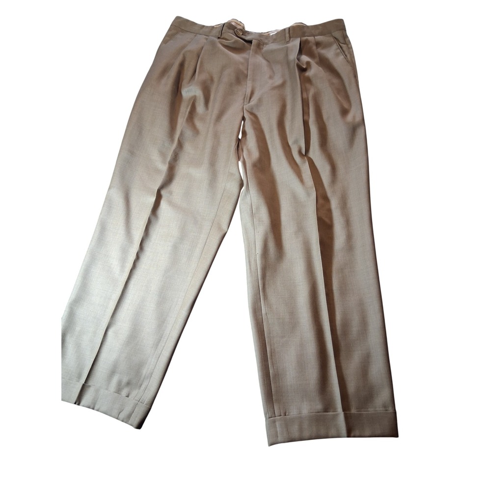 Santorelli Luxury Serge Tan Wool Pleated Cuffed Dress Pants Men 38 Italy